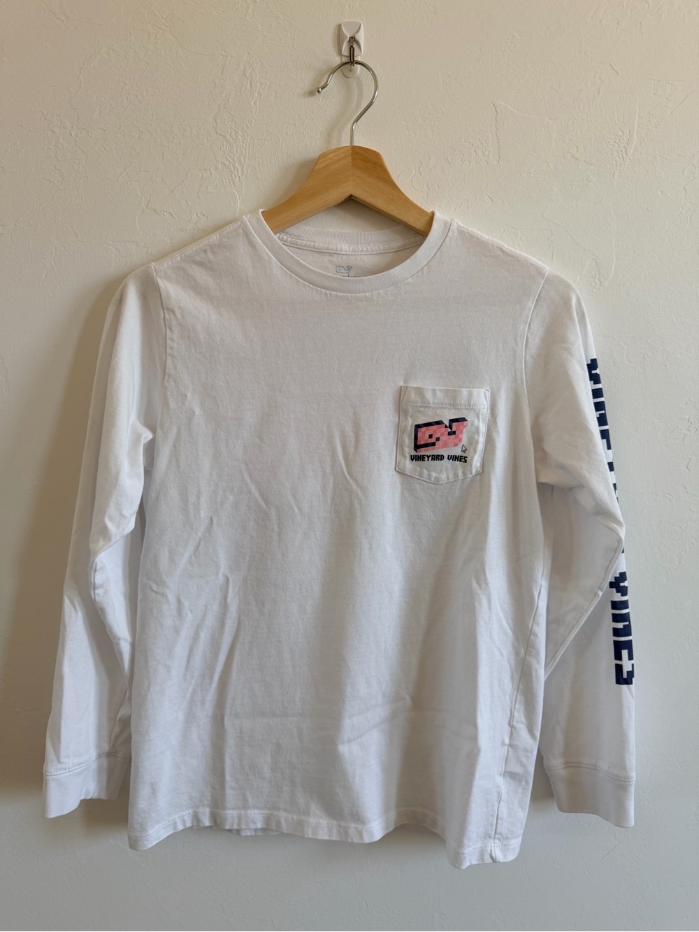 Vineyard Vines White Long-Sleeve Pocket Tee with Pink Whale Patch